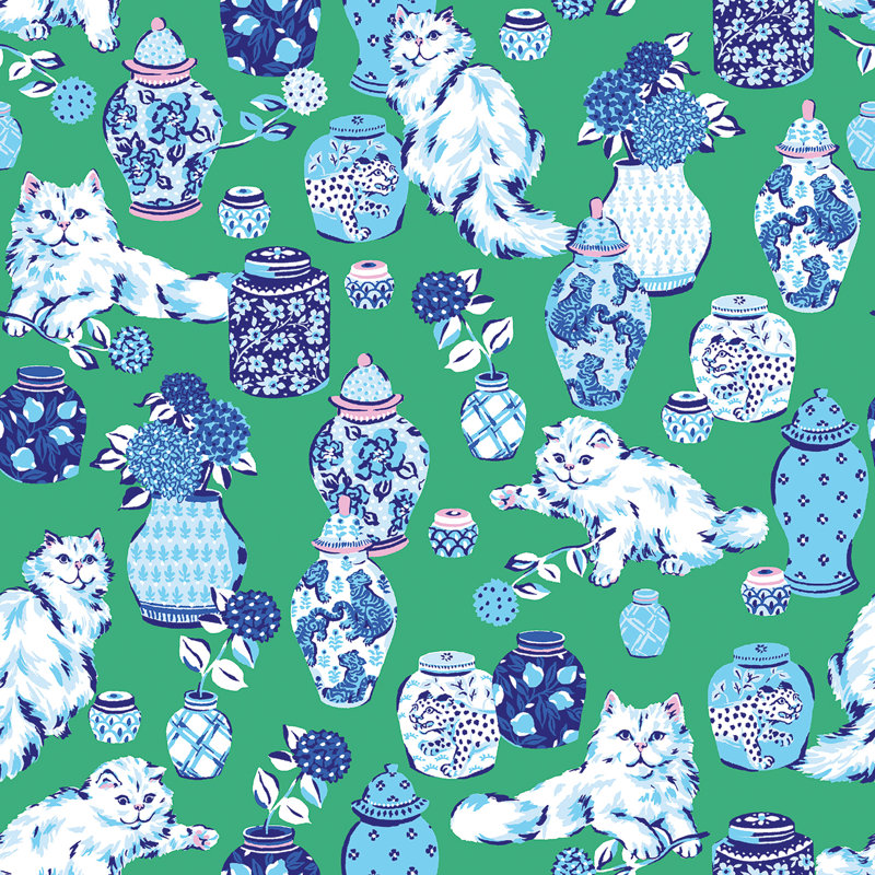 Fancy Cats Green Peel and Stick Wallpaper, Green