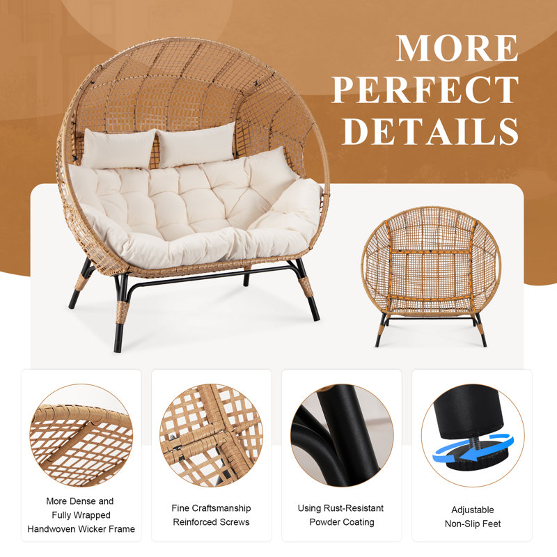 Daleigh 2-Person Double Egg Chair Loveseat with 2 Ottomans, 57" Wide Wicker Rattan Lounge Chair, 5" Thick Cushions, 690-lb Capacity