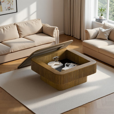Table basse 31,5 po carrée en placage de bois massif avec rangement, brun pour le salon
