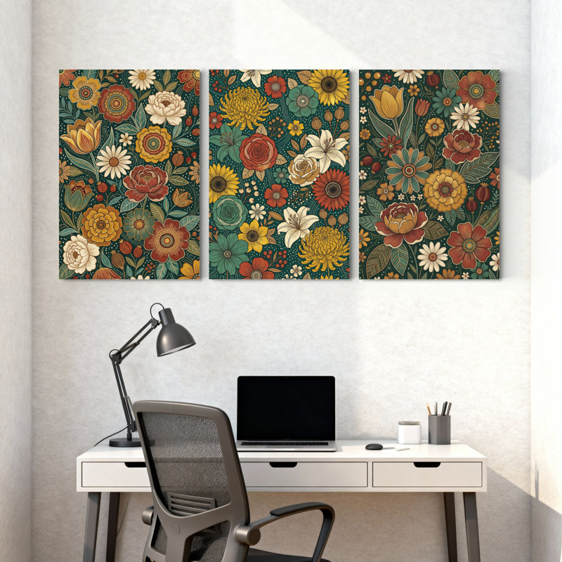 Plantes et fleurs, motif floral avec couleurs vives et feuilles, ensemble de 3 impressions sur toile, H 30 po x l 60 po