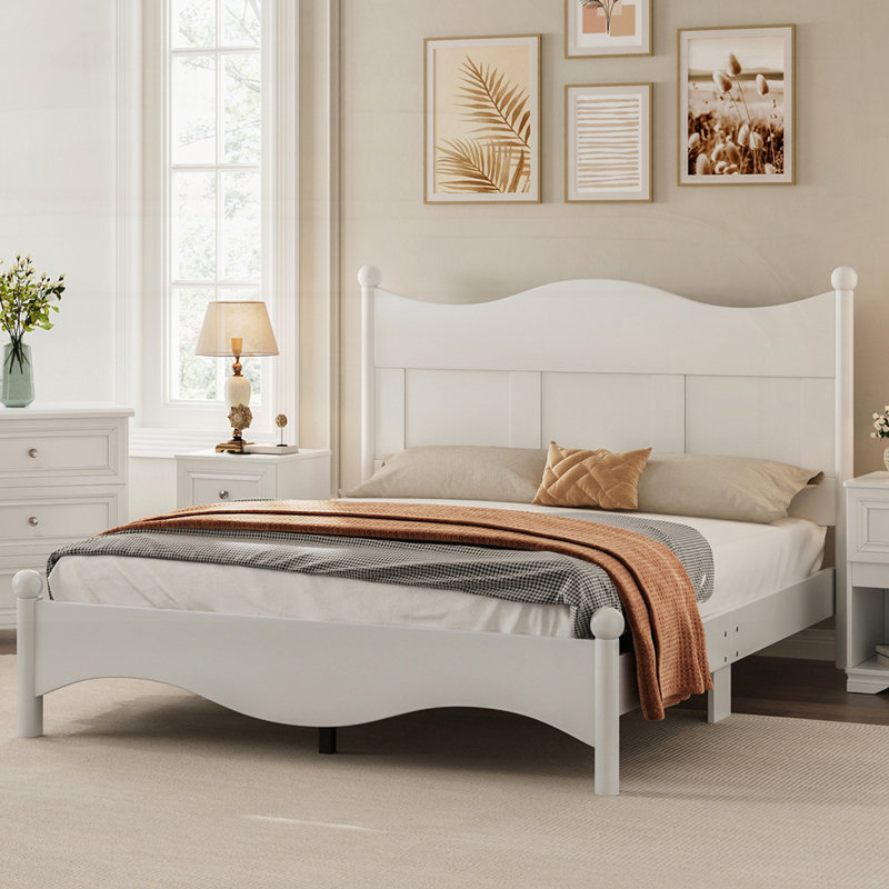 Platform Bed with Retro Headboard, White