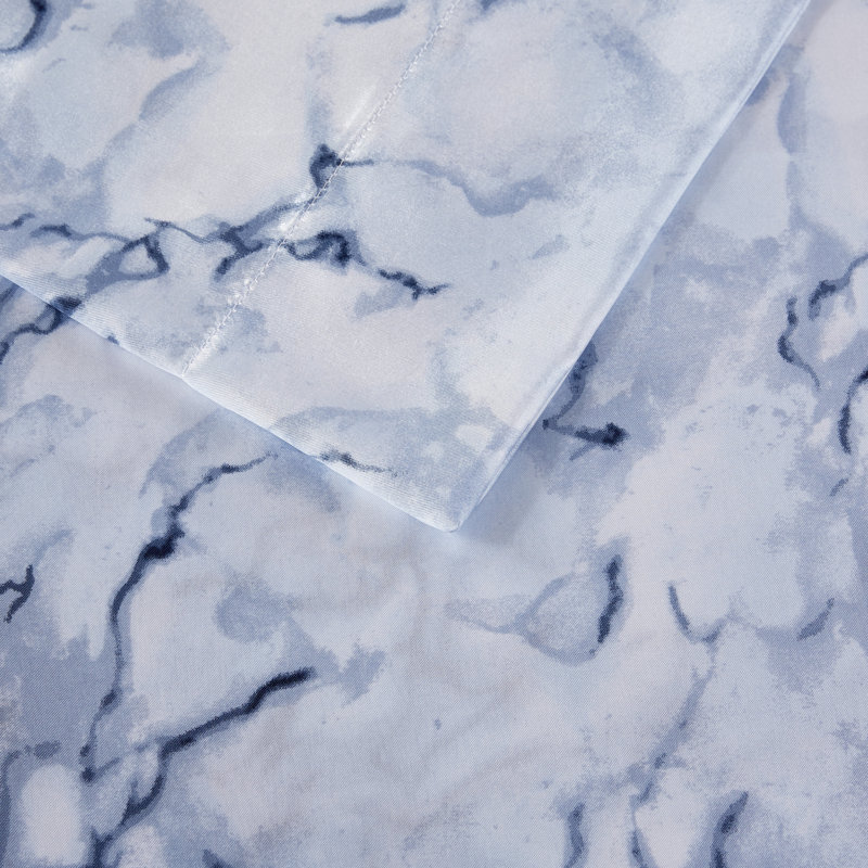 Printed Satin Blue 100% Satin Marble Wrinkle Resistant 4-Piece King Sheet Set, Blue Marble