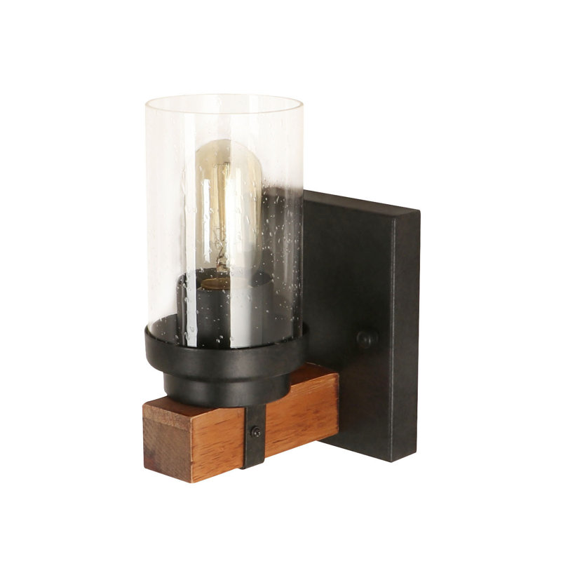 Applique murale 1 lumière en métal noir antique et bois naturel avec abat-jour en verre