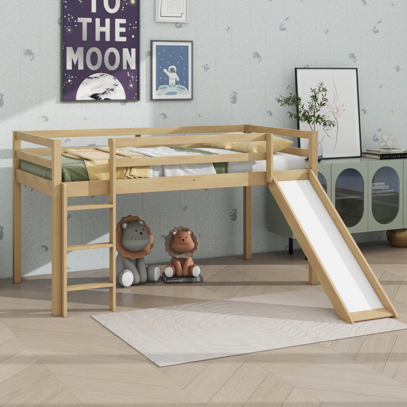 Twin Elevated Bed With Ladder And Slide Loft Design Including Safety Guardrails, White Oak