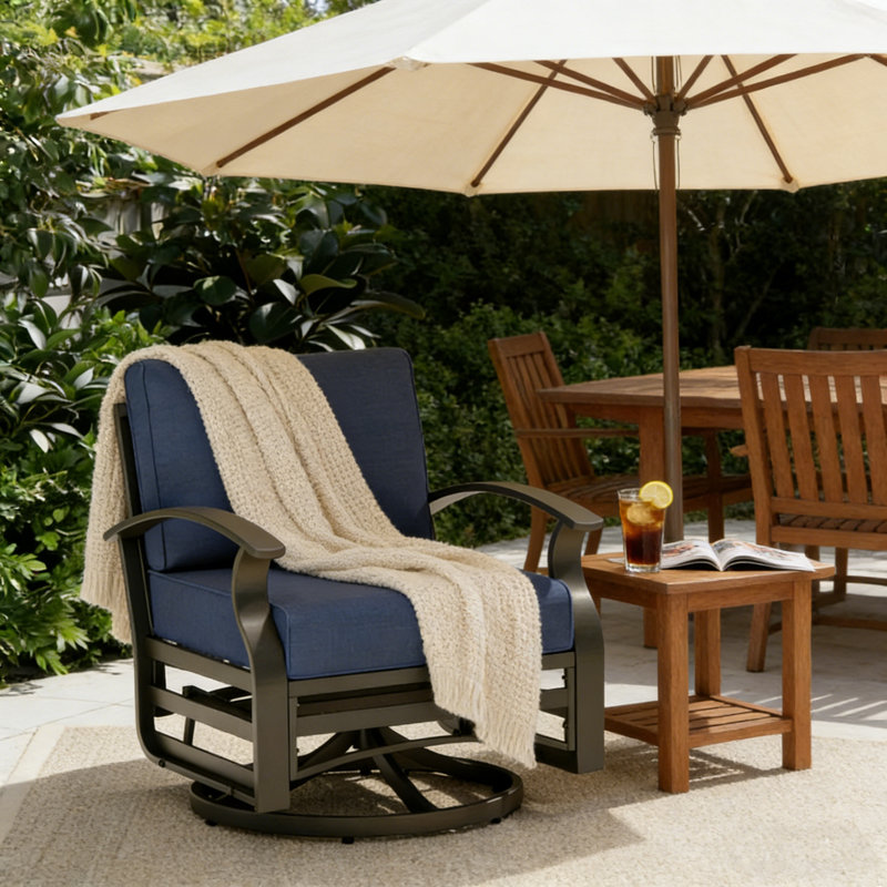 360° Aluminum Swivel Chair with Seat Cushion and Lumbar Support Pillow, Navy