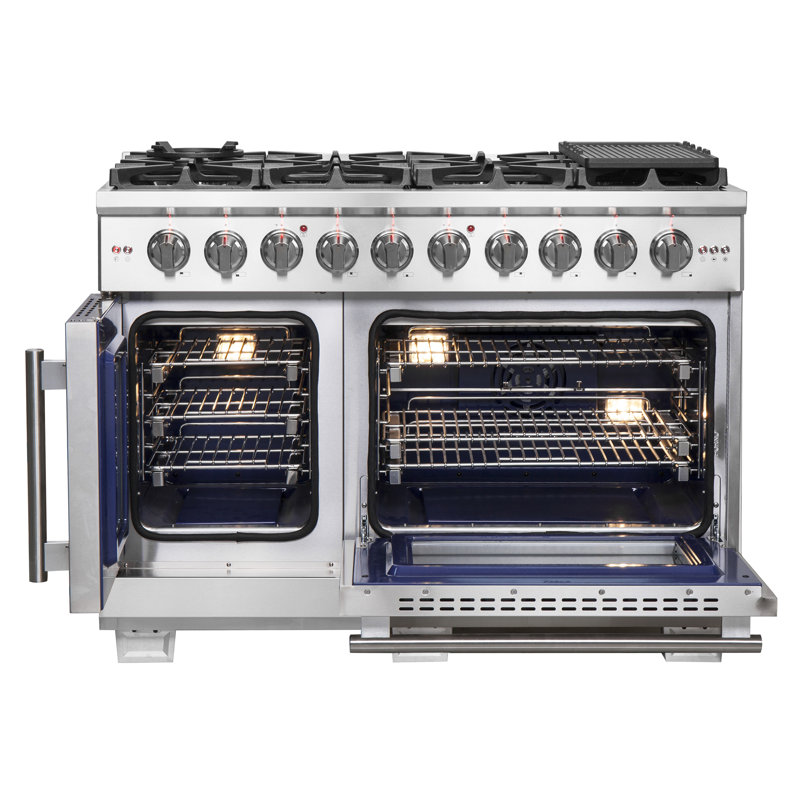 Capriasca 48-inch French Door Gas Range Stainless Steel, 8 Brass Burners, 6.58 cu.ft. Double Ovens