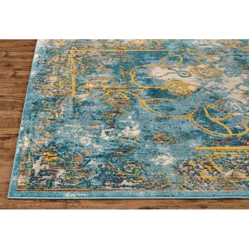 Tapis oriental bleu en coton Agatha, Tapis de couloir 2 pi 7 po x 8 pi