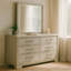 Commode large Simone, 6 tiroirs et pieds blocs, bois blanc antique