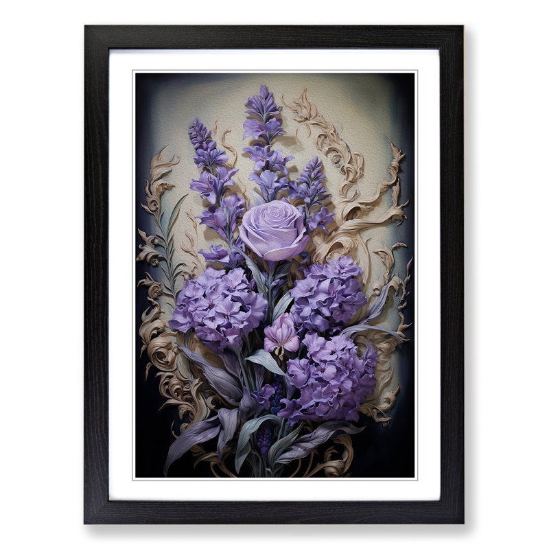Lavender Flower Baroque No.3 - Single Picture Frame Print on Wood, Black, 34cm H x 25cm W x 2cm D