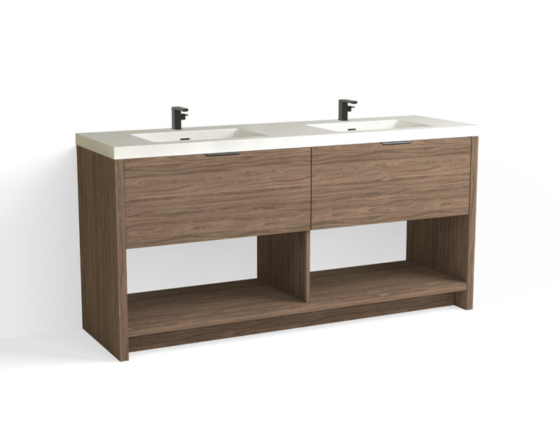 Vista 72" W Freestanding Double Bathroom Vanity, Nocino/Matte Black, White Gloss, Single-Hole