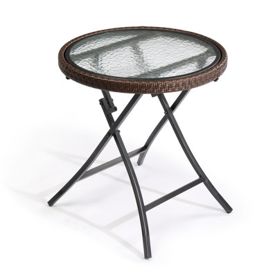 Patio Brown Round Wicker Side Table With Glass Tabletop by Ebern Designs