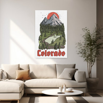 «Colorado Mountain Lake Peaceful Retro Serene Bird Pine Forest Landscape», art mural