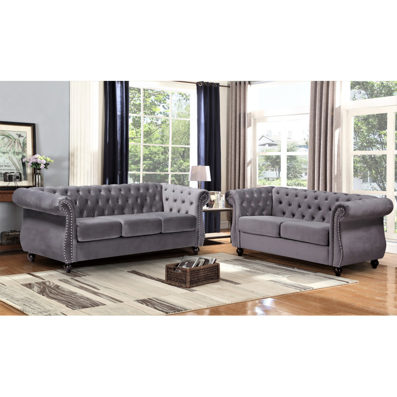 Ensemble de salon en velours 2 pièces Demacio, Velours gris
