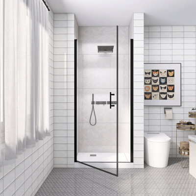 Matte Black Half Frame Pivot Shower Door, 34×72 Inch, 6Mm Tempered Glass With Explosion Proof Film