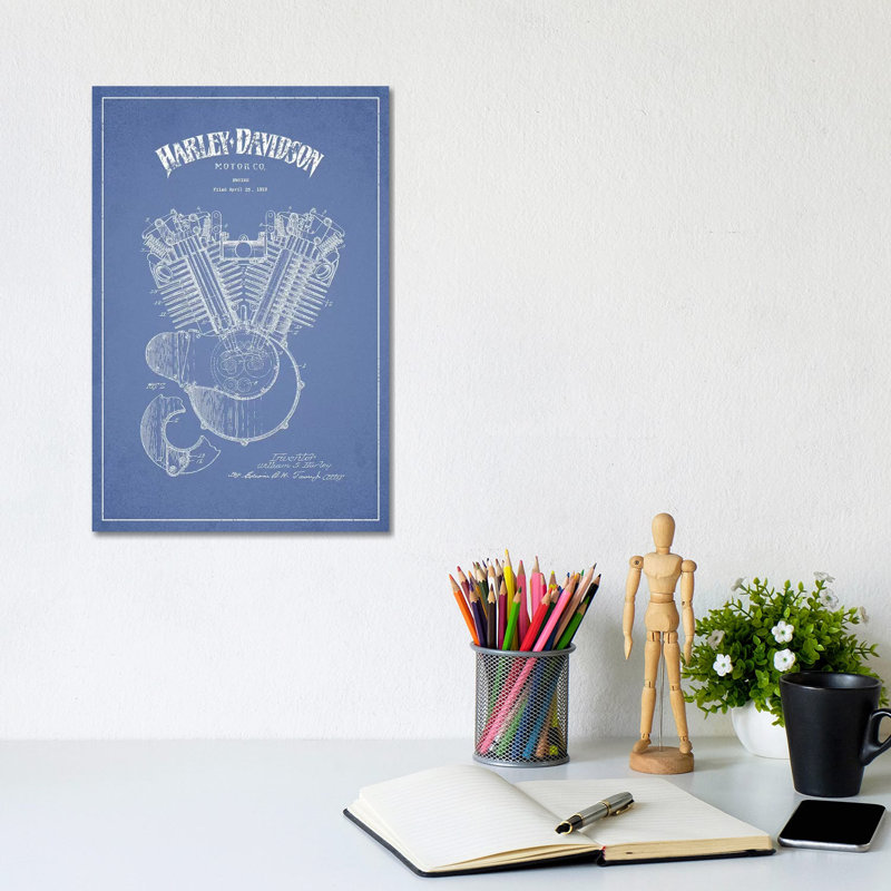 Harley-Davidson Motorcycles Engine (Light Blue) by Aged Pixel - Wrapped Canvas Print, 20.32 cm H x 30.48 cm W