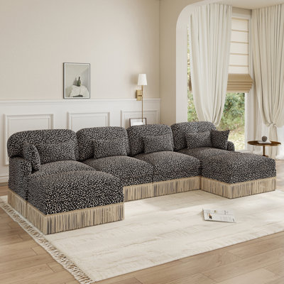 131" Modern 4-Seater Sofa,Chenille Leopard Printing, Delicate Tassel Edge,Beige Coffe
