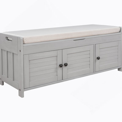 Storage Bench With 3 Shutter-Shaped Doors, Shoe Bench With Removable Cushion And Hidden Storage