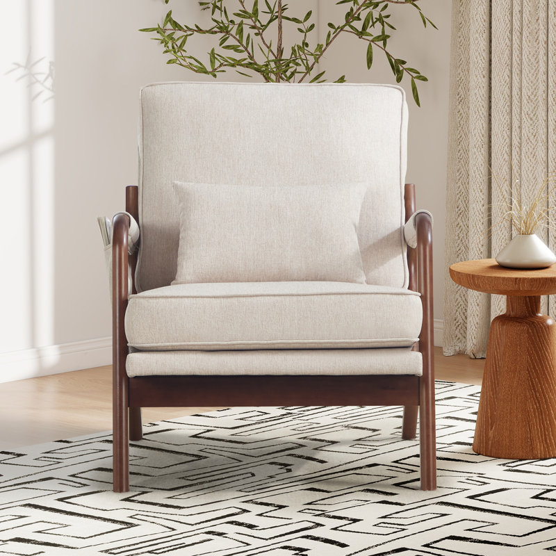 25.4'' Wide Classical Soft Upholstered Solid Wood Armchair With Side Storage Pocket, Beige, 5