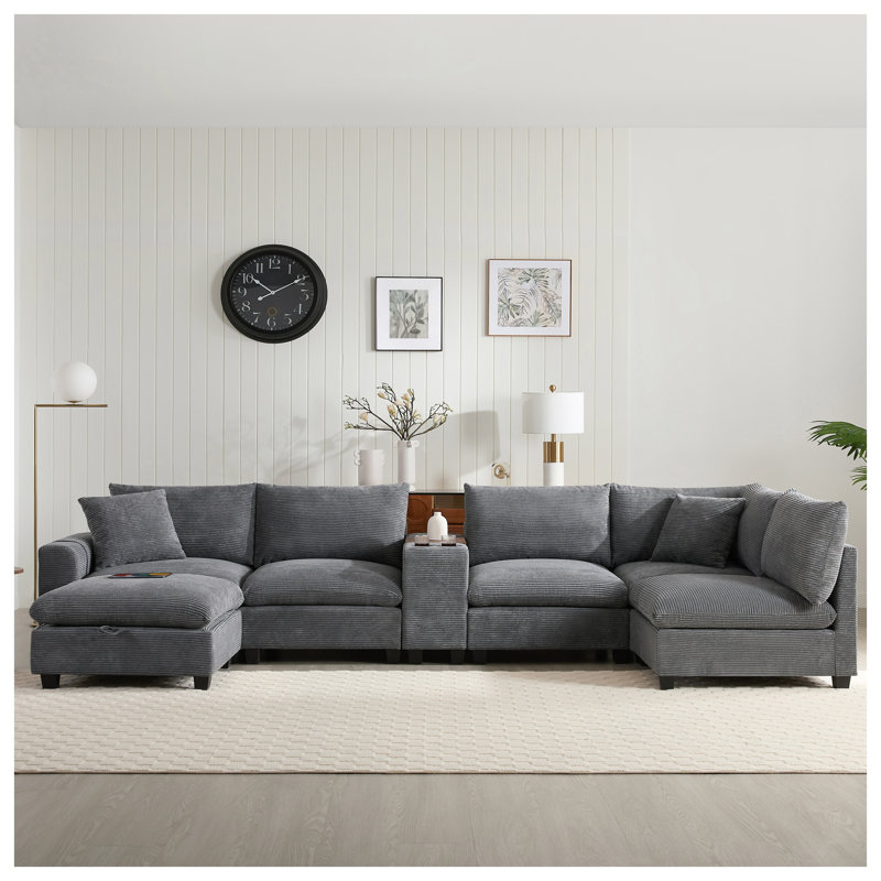 Ensemble de salon modulaire en U de 139 po avec console, canapé surdimensionné en velours côtelé, repose-pieds et rangement USB, ensemble de salon à 6 places