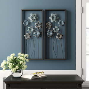 Metal Floral Home Wall Decor with Black Frames and Gold Accents
