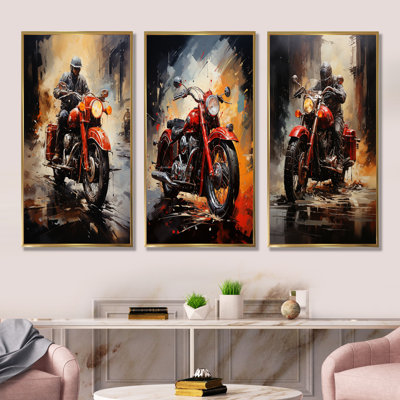 Crimson Thunder Red Dirt Bike - Motorcycle Wall Art Living Room Set Of 3