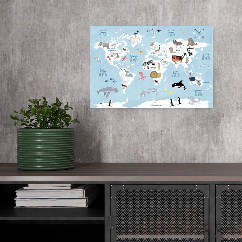 Mignon, carte du monde animal contemporain, art mural, 12" H x 18" W