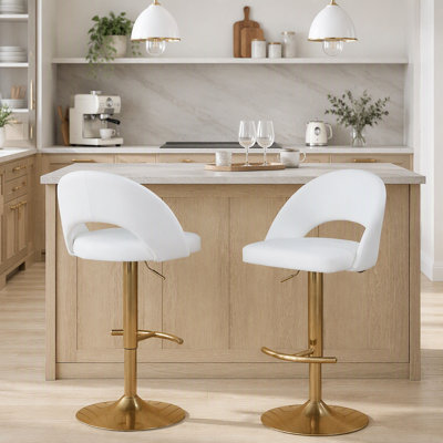 Tabouret de bar réglable avec pivot en métal doré et similicuir blanc avec repose-pieds rond en T - ensemble de 2