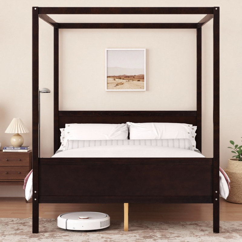 Queen Size Wooden Canopy Platform Bed Frame with Headboard, Footboard and Underbed Storage, Brown