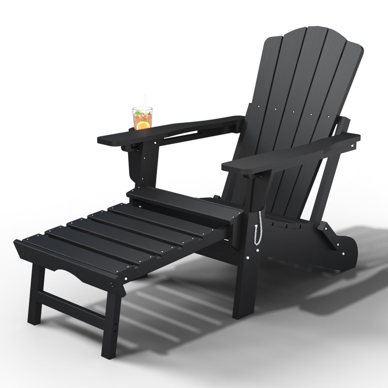 Black Outdoor HDPE Folding Adirondack Chair with Retractable Ottoman and Cup Holder, Black
