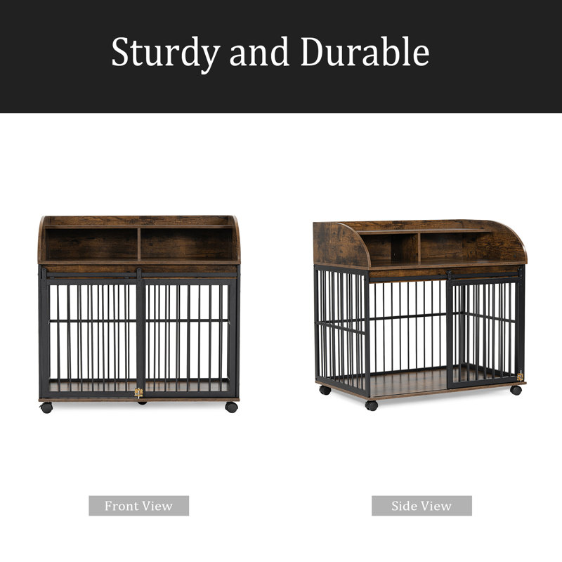 Meuble de 38 po pour chien de taille moyenne avec roulettes verrouillables, cage pour chien en bois, cage de table de bout avec rangement double couche, brun