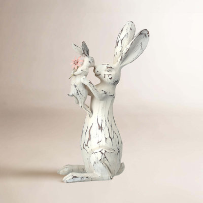 Polystone Carved Bunny Kissing Baby Figurine