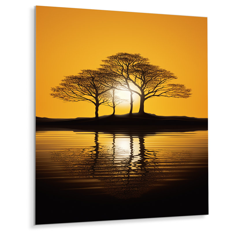 Coucher de soleil jaune à travers des silhouettes d'arbre noir - Art mural chêne, Métal métal, 32" H x 16" W x 1" D