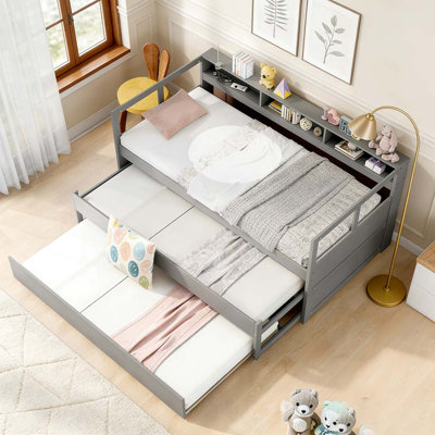 Lit de jour simple TG en bois avec 2 lits gigognes, 3 casiers de rangement, 1 lumière gratuite et chargement USB