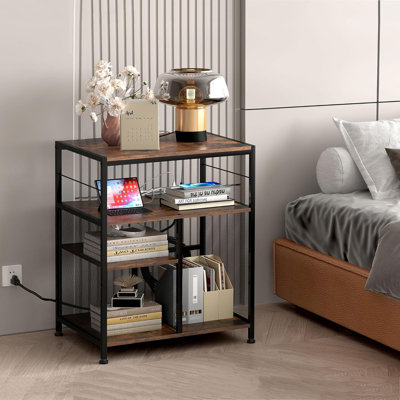 4-Tier Adjustable Printer Stand With Built-In Charging Station, Heavy Duty Home Office Printer Table For Heat Press Scanner Fax, Sturdy Wooden Stand Desk With Power Outlet And USB Ports