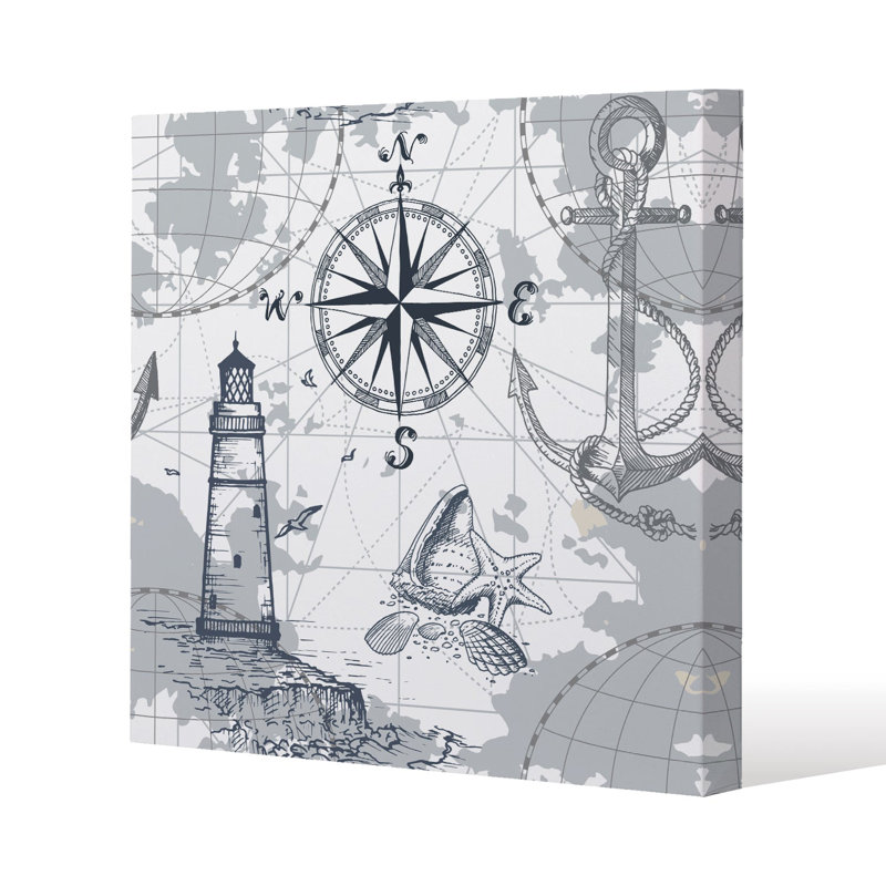 Compass & Map Slim Style Canvas Print, 15mm Slim Real wood., 20 cm H x 20 cm W