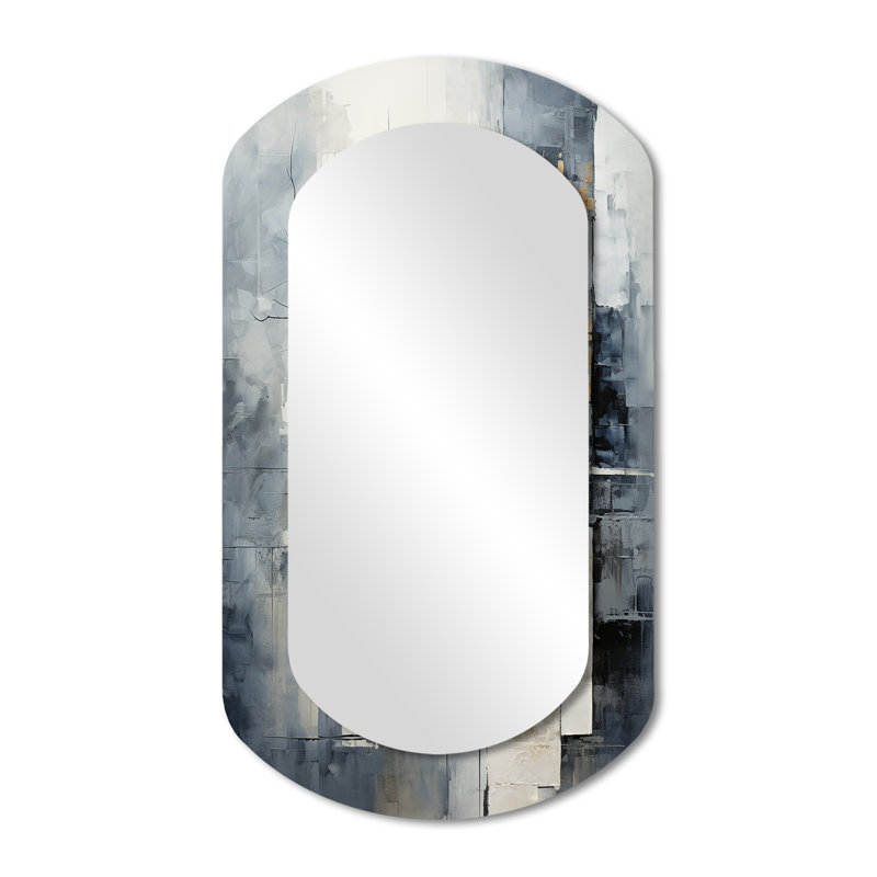 Grey and white Abstract Cityscape 3 - Abstract Collages Cylinder Decorative Mirror, Modern Asymmetrical Large Wall Mirror, Printed Metal Art