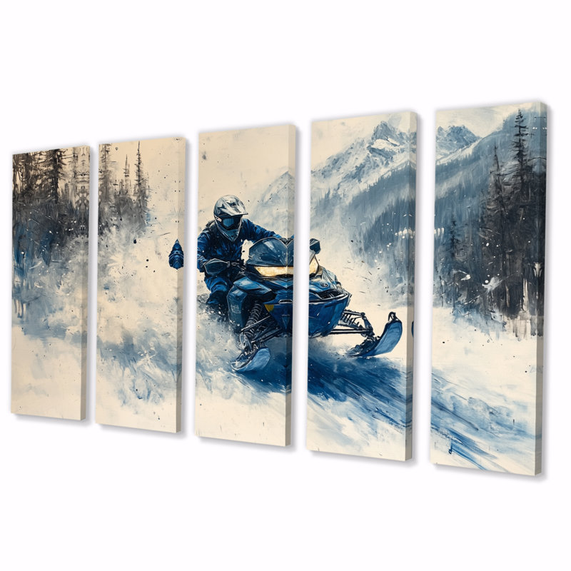 Motoneige bleue enneigée avec motif d'art en toile blanche, H 28 po x l 60 po