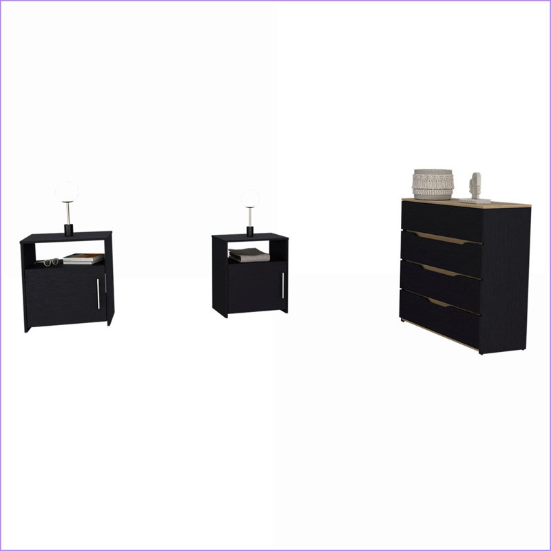 Ensemble de meubles de chambre à coucher 3 pièces | Commode + 2 tables de chevet | Noir / chêne clair | Panneau de particules | Bachelor Commodes
