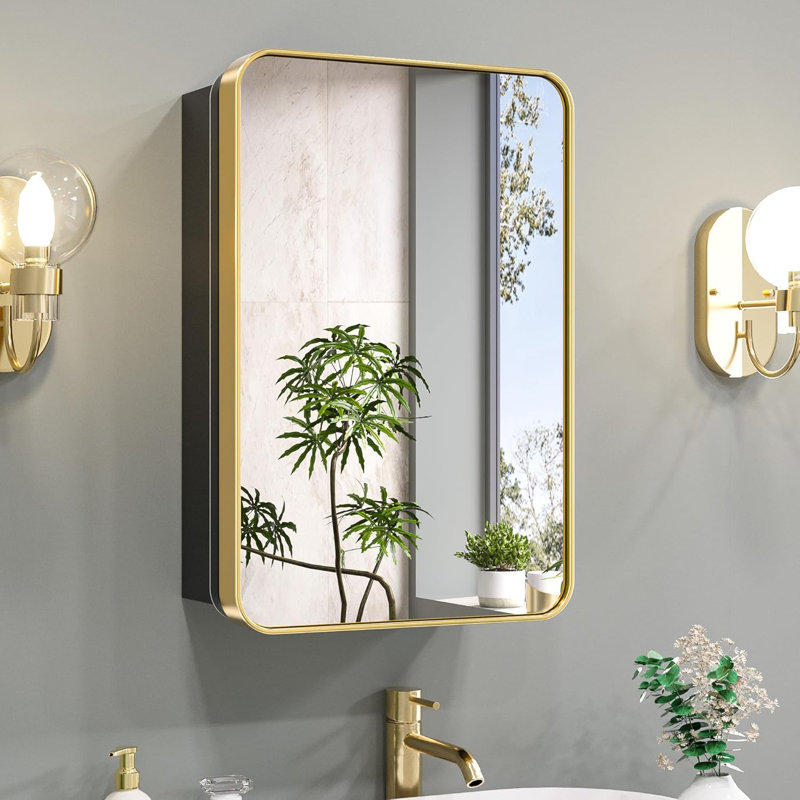 Brushed Gold Bathroom Medicine Cabinet With Mirror - Stainless Steel Frame, Adjustable Shelves, Recessed Or Surface Mount, Rounded Rectangular Design For Modern Decor