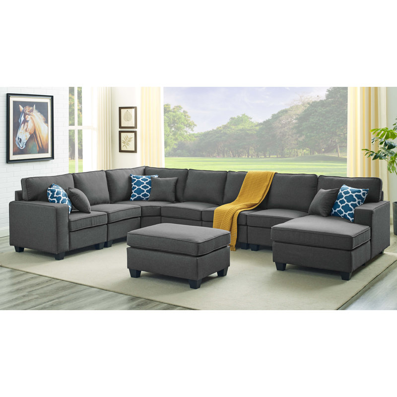 Marsala 149.5" Wide Left Hand Facing Corner Sectional with Ottoman, Dark Grey Linen Blend, Left Hand Facing