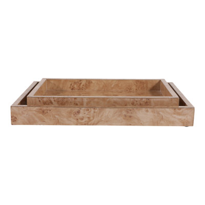 Plateaux décoratifs rectangulaires en placage et verre pour table basse ou table à manger - Décoration d'entrée - Lot de 2, 35,5 cm x 30,5 cm, couleur beige
