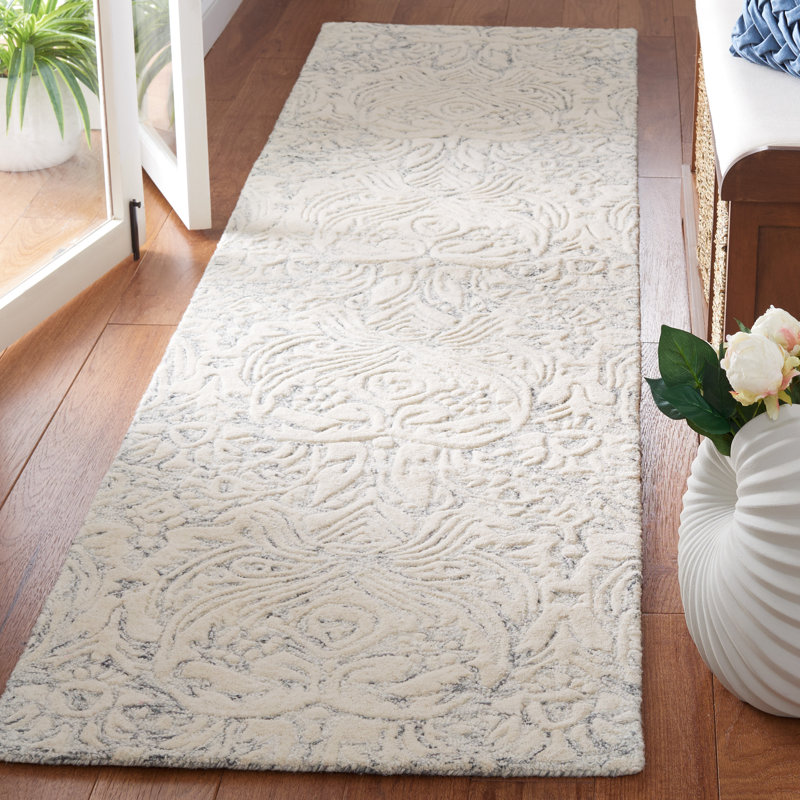 Ednah Damask Handmade Tufted Wool Area Rug in Ivory, Runner 2'3" x 9'