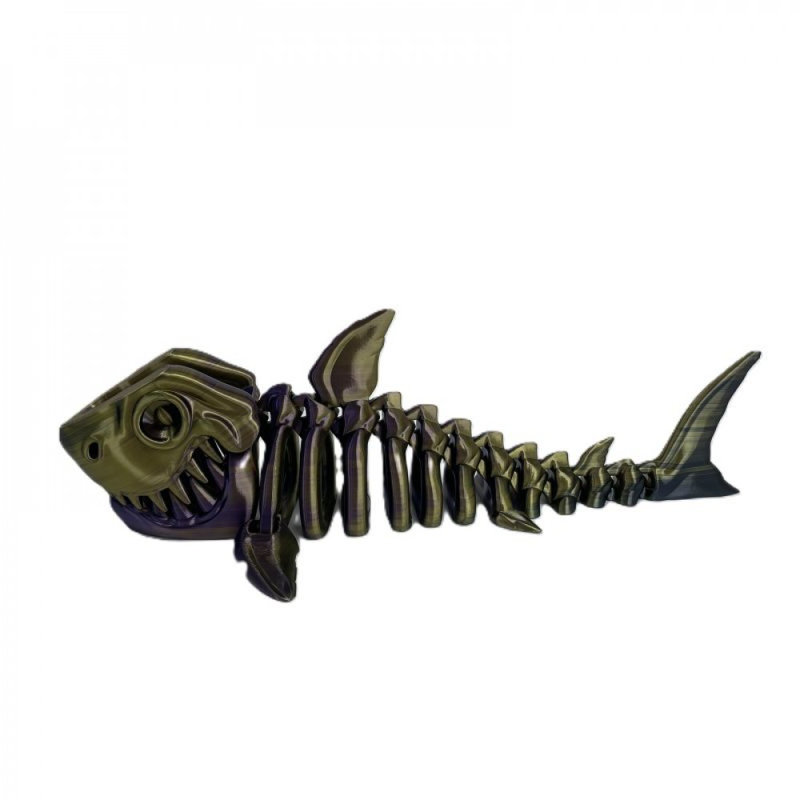 3D Printed Headed Shark Skeleton Figurine, 4.5" H x 0.5" W x 14" D, Gold/Purple/Black