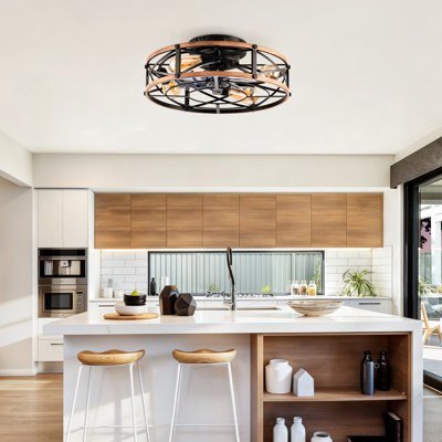 20" Farmhouse Caged Flush Mount Ceiling Fan with Remote Control, Matte Black and Gold Finish