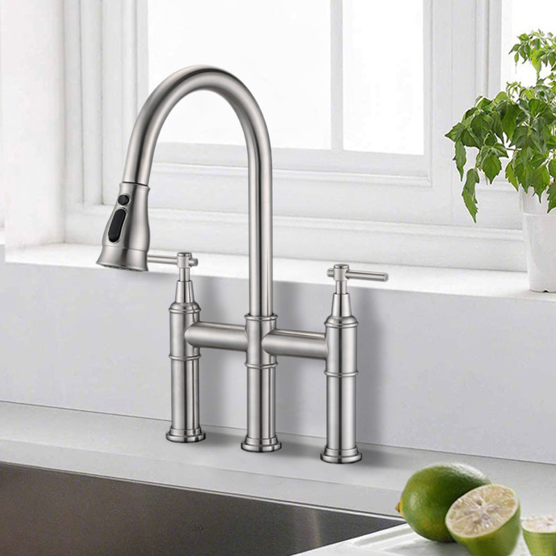 Robinet de cuisine Bridge avec douchette extractible, Nickel brossé