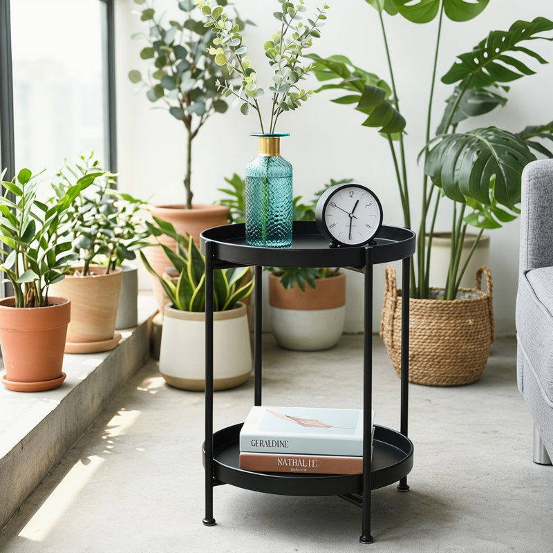 Table de bout ronde compacte en métal, table d'appoint avec rangement à 2 niveaux, petite table basse de 20,3 po de hauteur pour les petits espaces