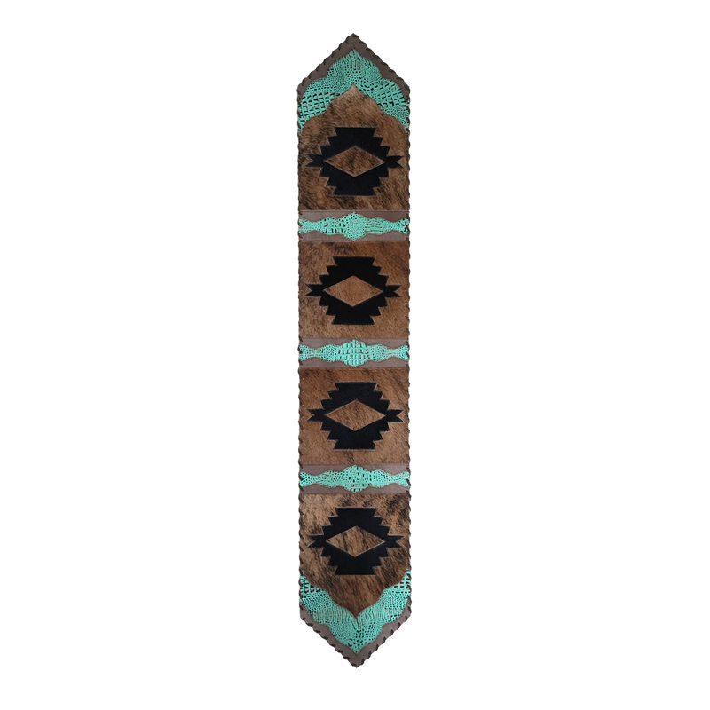Cowhide & Leather Table Runner, 96" L x 12" D, Black/Brown/Turquoise