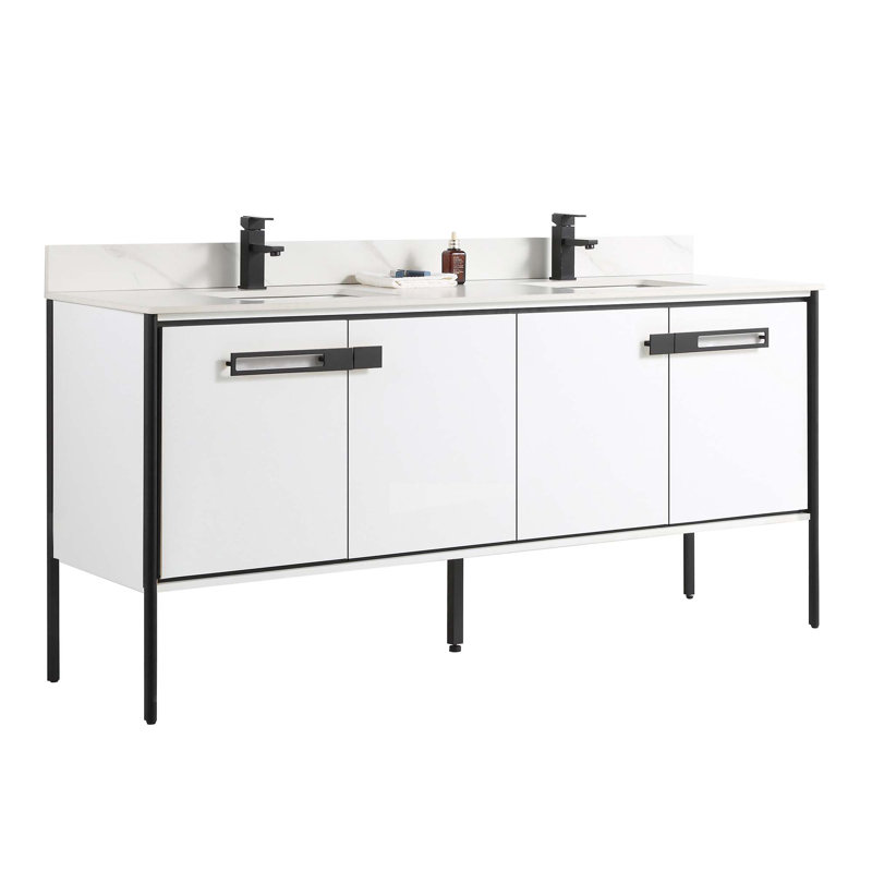 72 Double Bathroom Vanity, Matte Black, White Matte