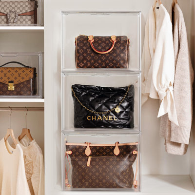 3 Pack Purse Storage Organizer For Closet, X-Large Clear Stackable Handbag Display Case Box With Magnetic Door For Collectibles, Cosmetics, Women Heels And Toys