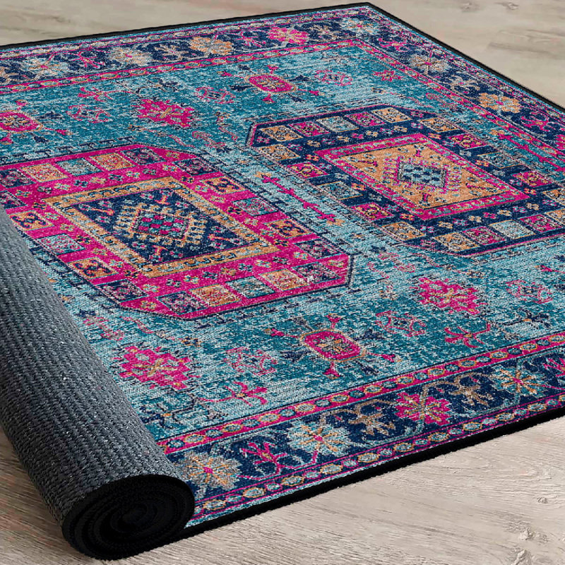 Soft Cotton Area Rug (50 x 80 cm / 1.6 x 2.6 ft), Antibacterial, Non-Slip PVC Underside, 0.3 in Pile Height | Machine Washable, Vibrant Pink, Orange, Blue & Navy Colors | Perfect for Living Room, Bedroom & Kids’ Spaces